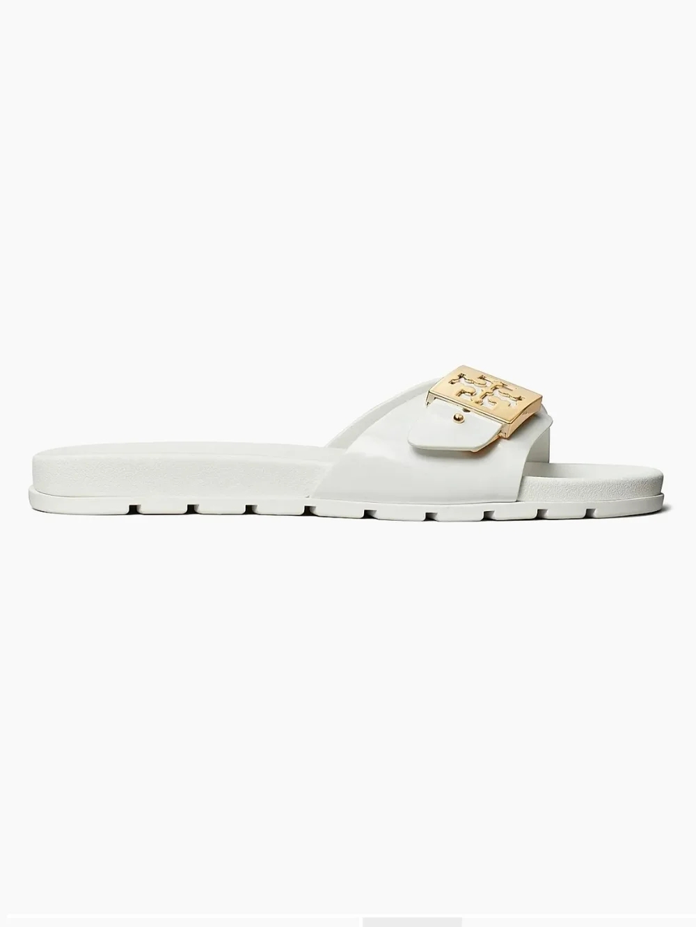 Tory Burch White Slide Sandals with Gold Logo Accent